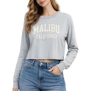 John Galt Malibu California Long Sleeve Cropped Sweatshirt Light Gray One Size